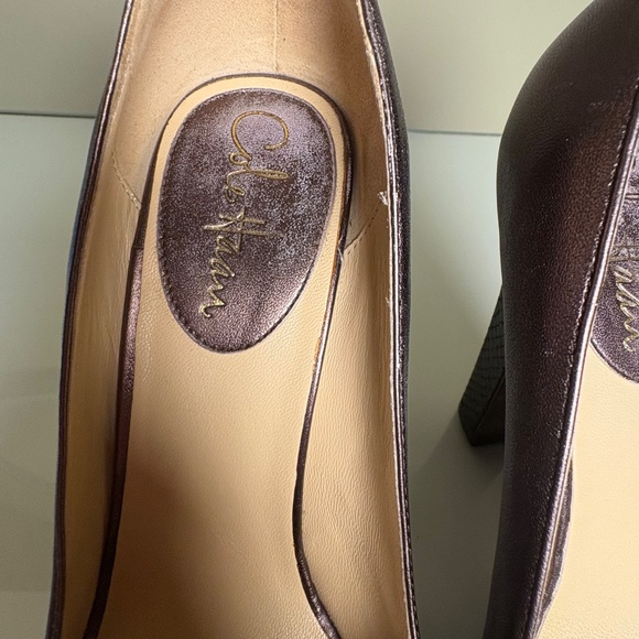 Cole Haan Metallic Bronze Snake-Embossed Platform Heels Size 8 - Picture 3 of 12